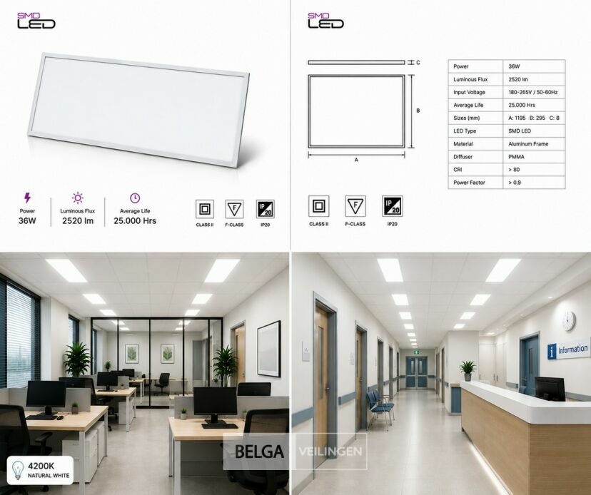 8 x LED Paneel 36W – 4200K Neutraal Wit - 1195x295mm – IP20 – ZODIAC-36 – foto 6 – kavel bij Belga Veilingen
