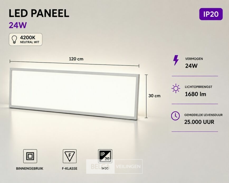 16 x LED Paneel 36W – 4200K Neutraal Wit - 1195x295mm – IP20 – ZODIAC-36 – foto 2 – kavel bij Belga Veilingen
