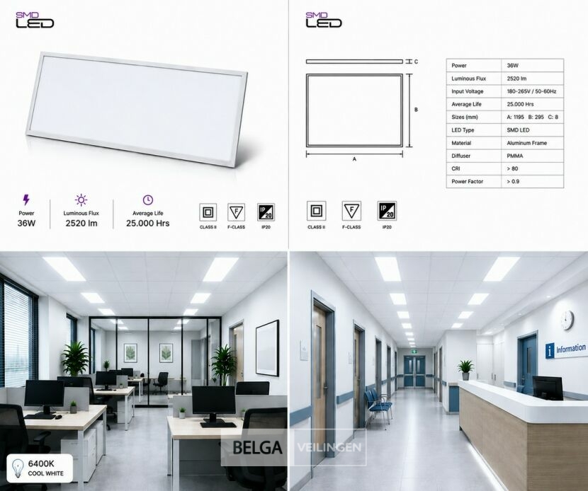16 x LED Paneel 36W – 6400K Koud Wit - 1195x295mm – IP20 – ZODIAC-36 – foto 7 – kavel bij Belga Veilingen