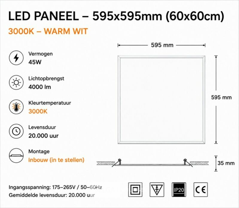 8 x LED Paneel 45W – 3000K Warm Wit - 595x595mm – IP20 – GALAKSI – foto 5 – kavel bij Belga Veilingen