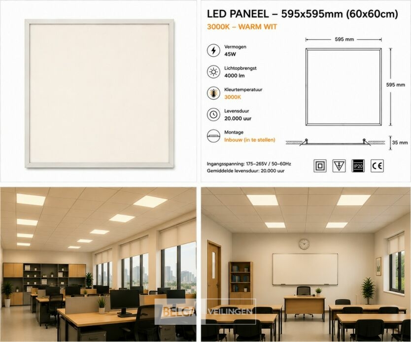 16 x LED Paneel 45W – 3000K Warm Wit - 595x595mm – IP20 – GALAKSI – foto 6 – kavel bij Belga Veilingen