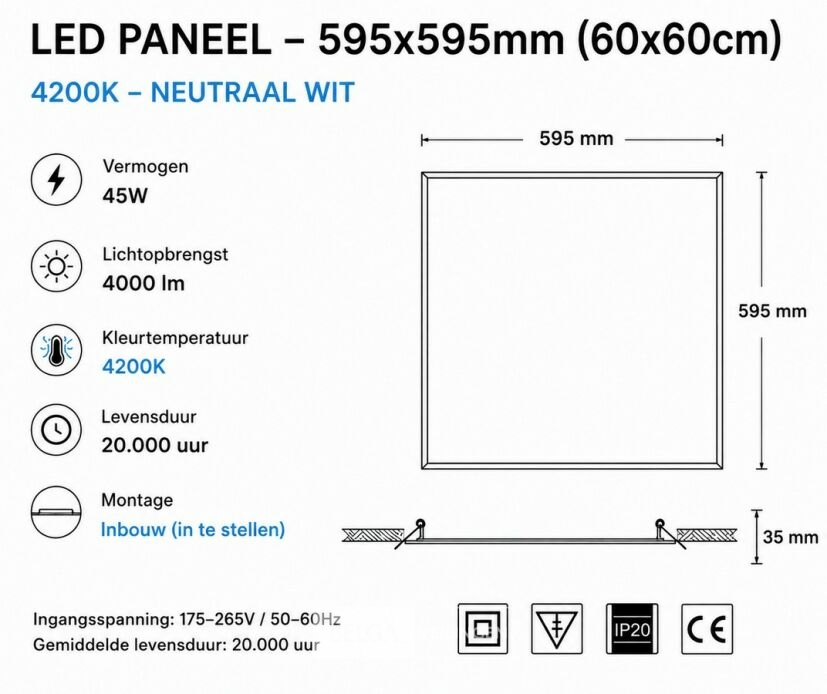 8 x LED Paneel 45W – 4200K Neutraal Wit - 595x595mm – IP20 – GALAKSI – foto 5 – kavel bij Belga Veilingen