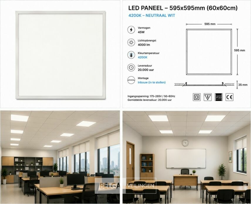 8 x LED Paneel 45W – 4200K Neutraal Wit - 595x595mm – IP20 – GALAKSI – foto 6 – kavel bij Belga Veilingen