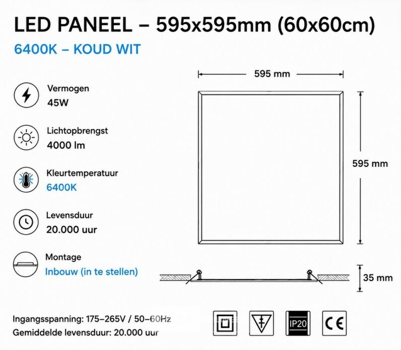 8 x LED Paneel 45W – 6400K Koud Wit - 595x595mm – IP20 – GALAKSI – foto 6 – kavel bij Belga Veilingen