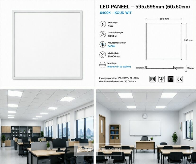8 x LED Paneel 45W – 6400K Koud Wit - 595x595mm – IP20 – GALAKSI – foto 7 – kavel bij Belga Veilingen