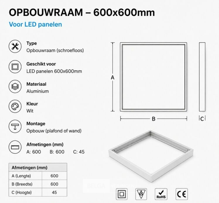 16 x Opbouw Frame voor LED Paneel – 600x600mm – IP20 – FRAME-6060 – foto 5 – kavel bij Belga Veilingen