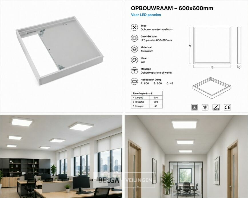 16 x Opbouw Frame voor LED Paneel – 600x600mm – IP20 – FRAME-6060 – foto 6 – kavel bij Belga Veilingen